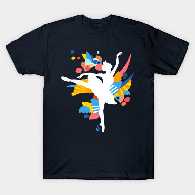 Colorful White Dancing Ballerina Silhouette T-Shirt by XOOXOO